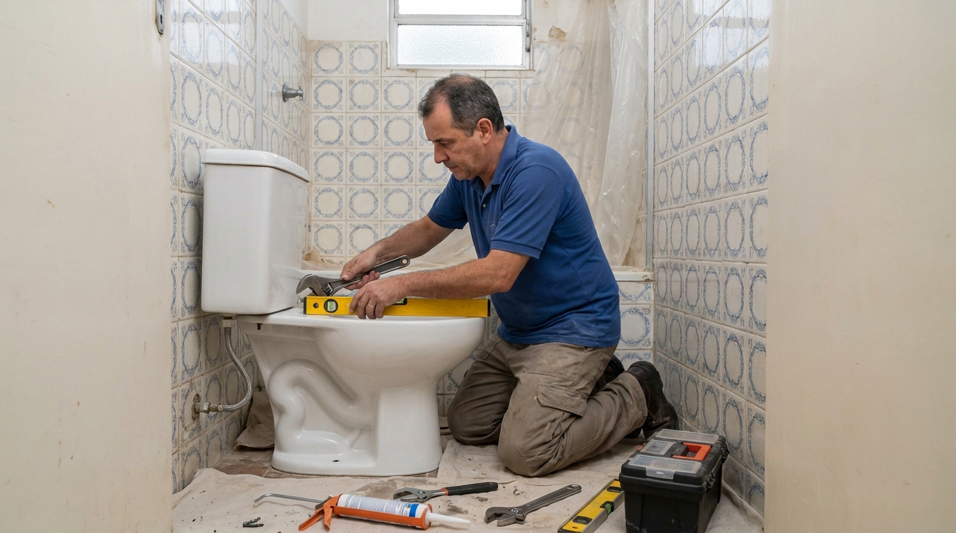 Técnico instalando vaso sanitário em Zona Sul‑SP